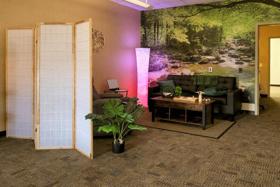 A tranquil room with a white partition, plants, mood lighting and a forest mural.